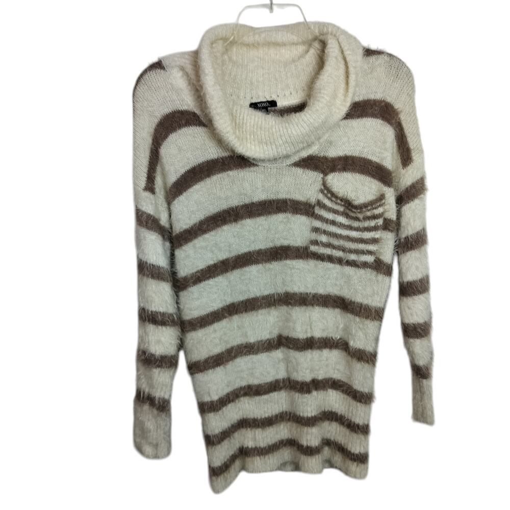4783) XOXO Striped Fuzzy Slouch Knitted Cowl neck Sweater Large